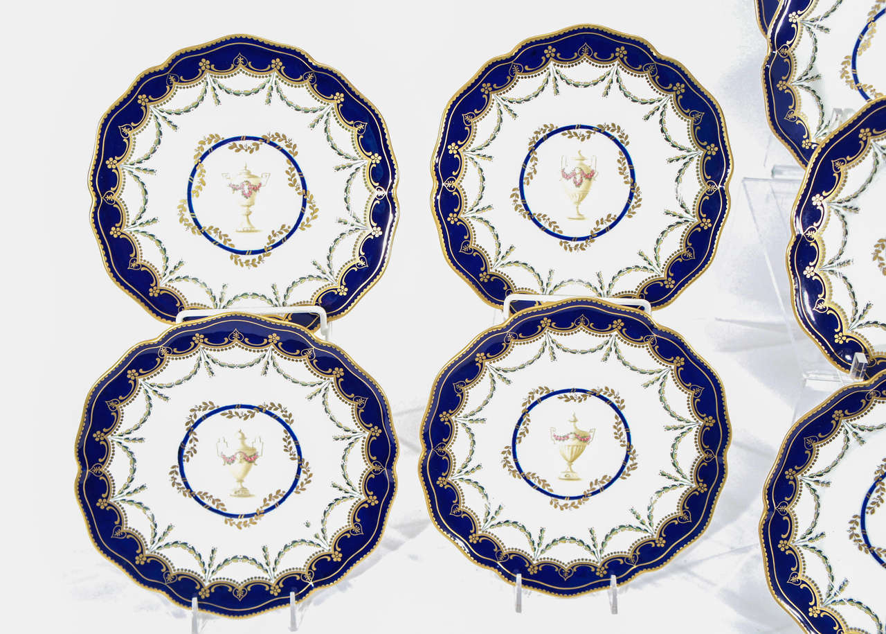 12 Royal Crown Derby Cobalt Blue Neoclassical Dessert Plates In Excellent Condition For Sale In Great Barrington, MA