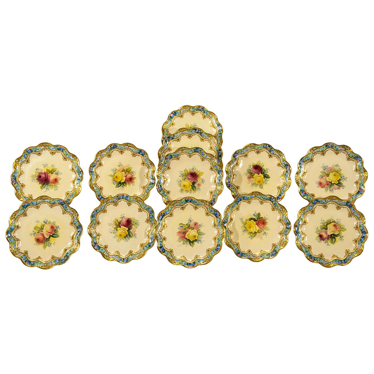 Set of 12 George Jones/Crescent, Hand Painted Dessert Plates w/ Roses