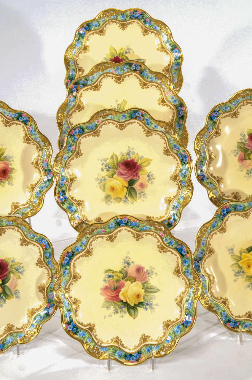 British Set of 12 George Jones/Crescent, Hand Painted Dessert Plates w/ Roses