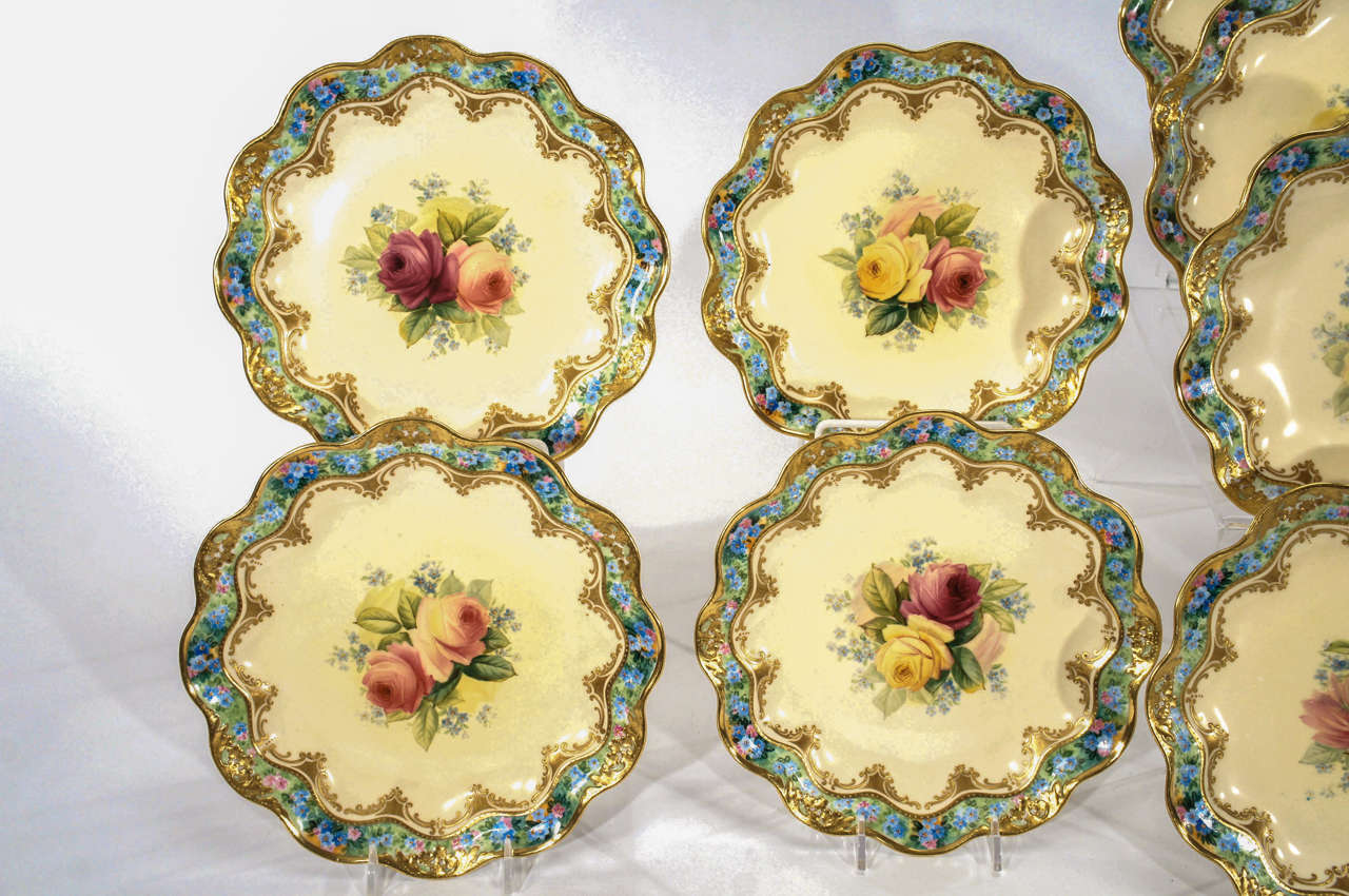 Set of 12 George Jones/Crescent, Hand Painted Dessert Plates w/ Roses In Excellent Condition In Great Barrington, MA