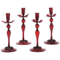 Set of 4 Salviati Venetian/Murano Ruby Candlesticks w/ "Leaf" Bobeches
