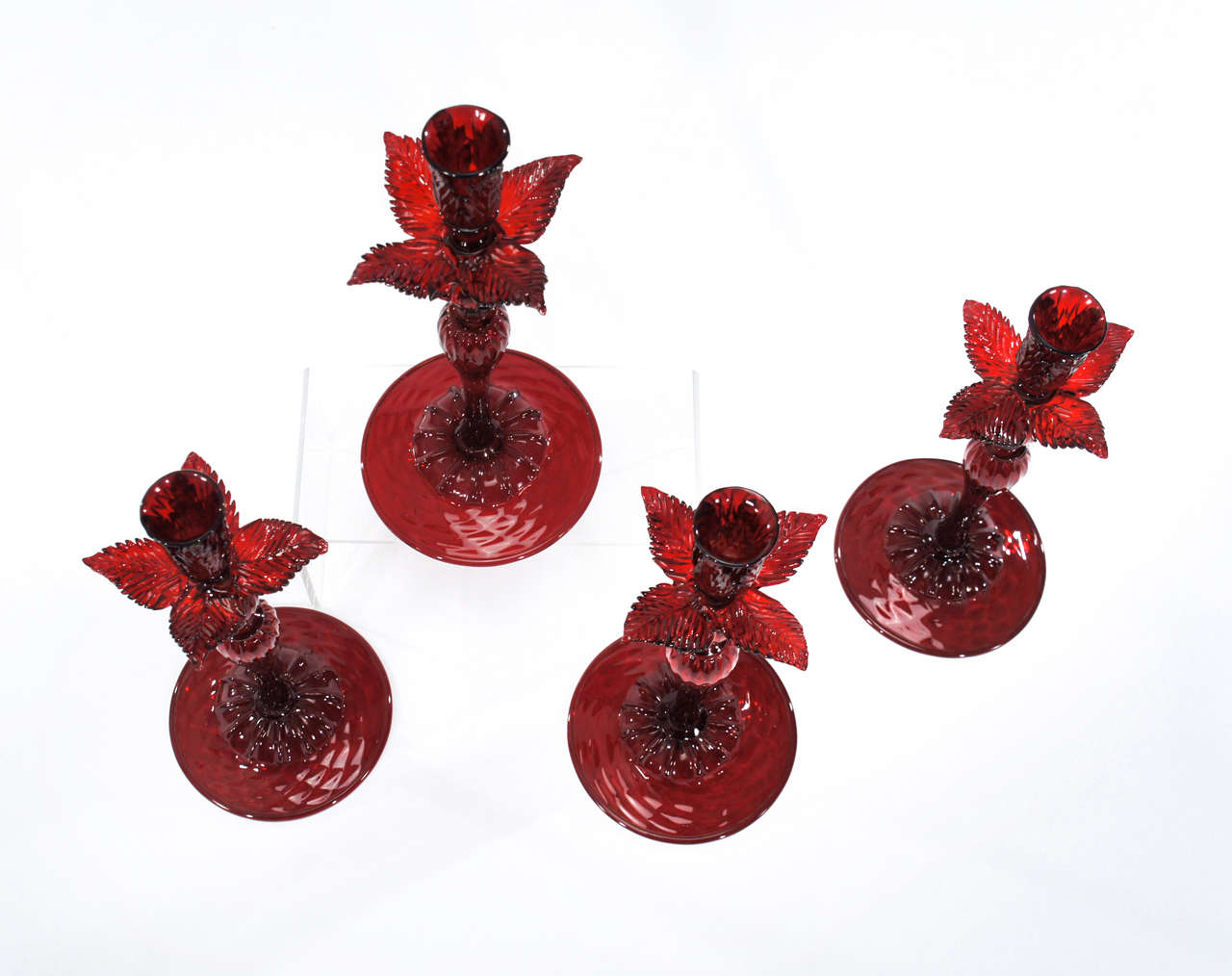 Set of 4 Salviati Venetian/Murano Ruby Candlesticks w/ 