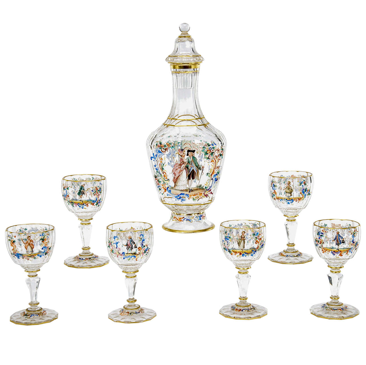 Signed Lobmeyr 7 Piece Hand Painted Crystal Liqueur Set