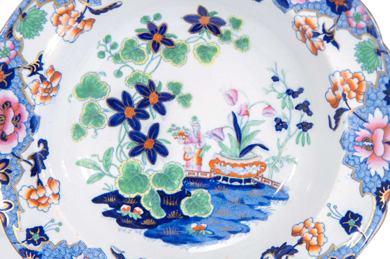 12 Spode New Stone 19th C. Polychrome Enamel Rimmed Soup Bowls For Sale