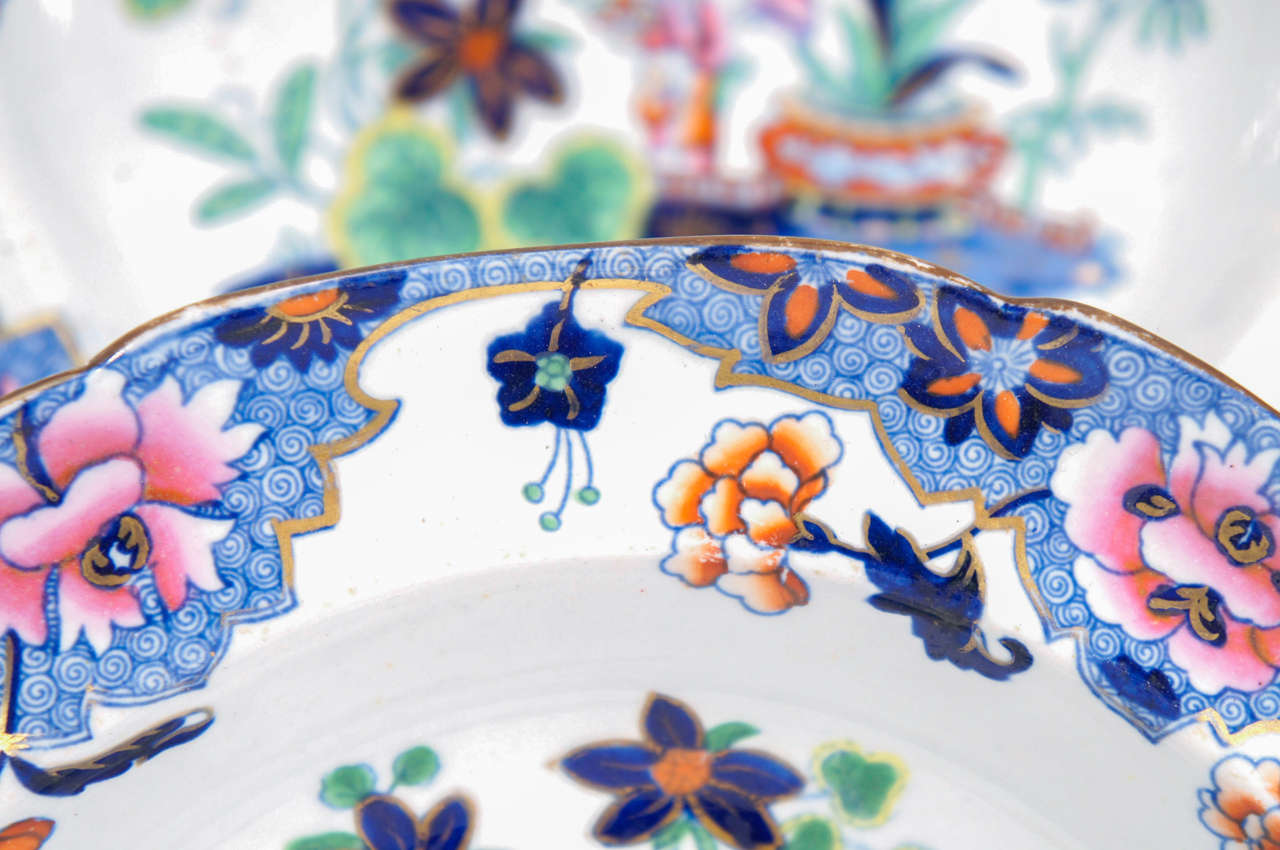 12 Spode New Stone 19th C. Polychrome Enamel Rimmed Soup Bowls For Sale