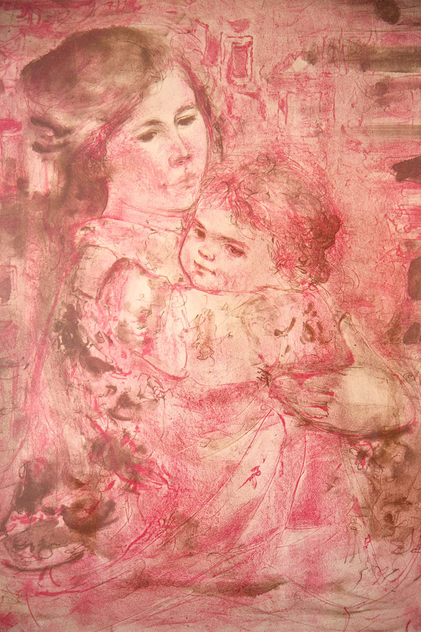 Edna Hibel if known for this type of muted color portraits of women
with children. This one has tones of rose. It is signed in pencil
and numbered 8/25- Under glass in wood frame.
She is a contemporary artist