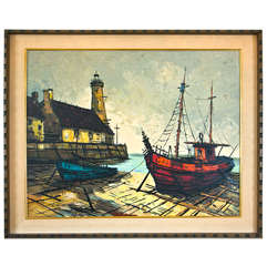 Henri Griff's Oil; Painting "Docked Tugboat"