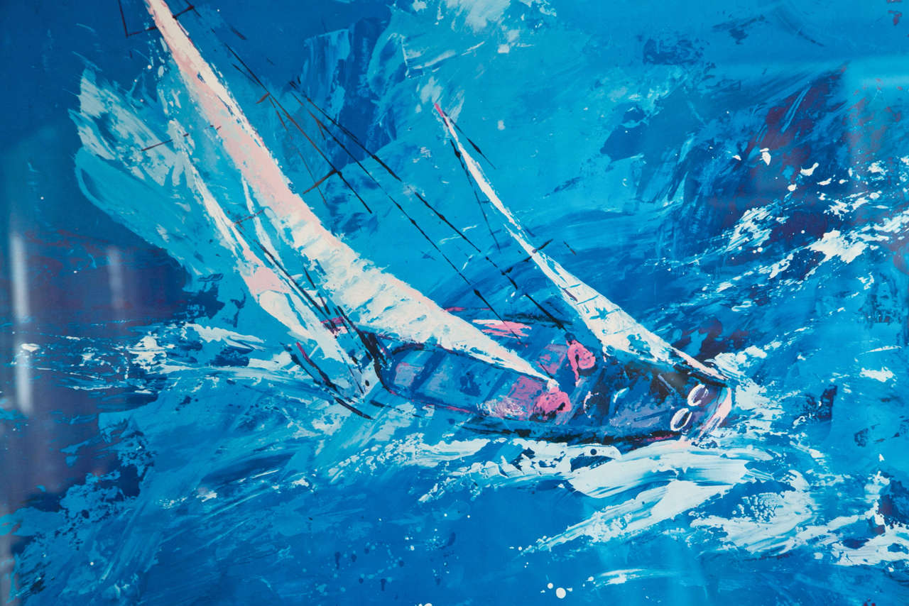 Done in blue showing a sailboat racing with waves. LeRoy Neiman
is one of the greatest sports artist of our times. Printed by
Hammer Galleries - 33 West 57 Street- New York City