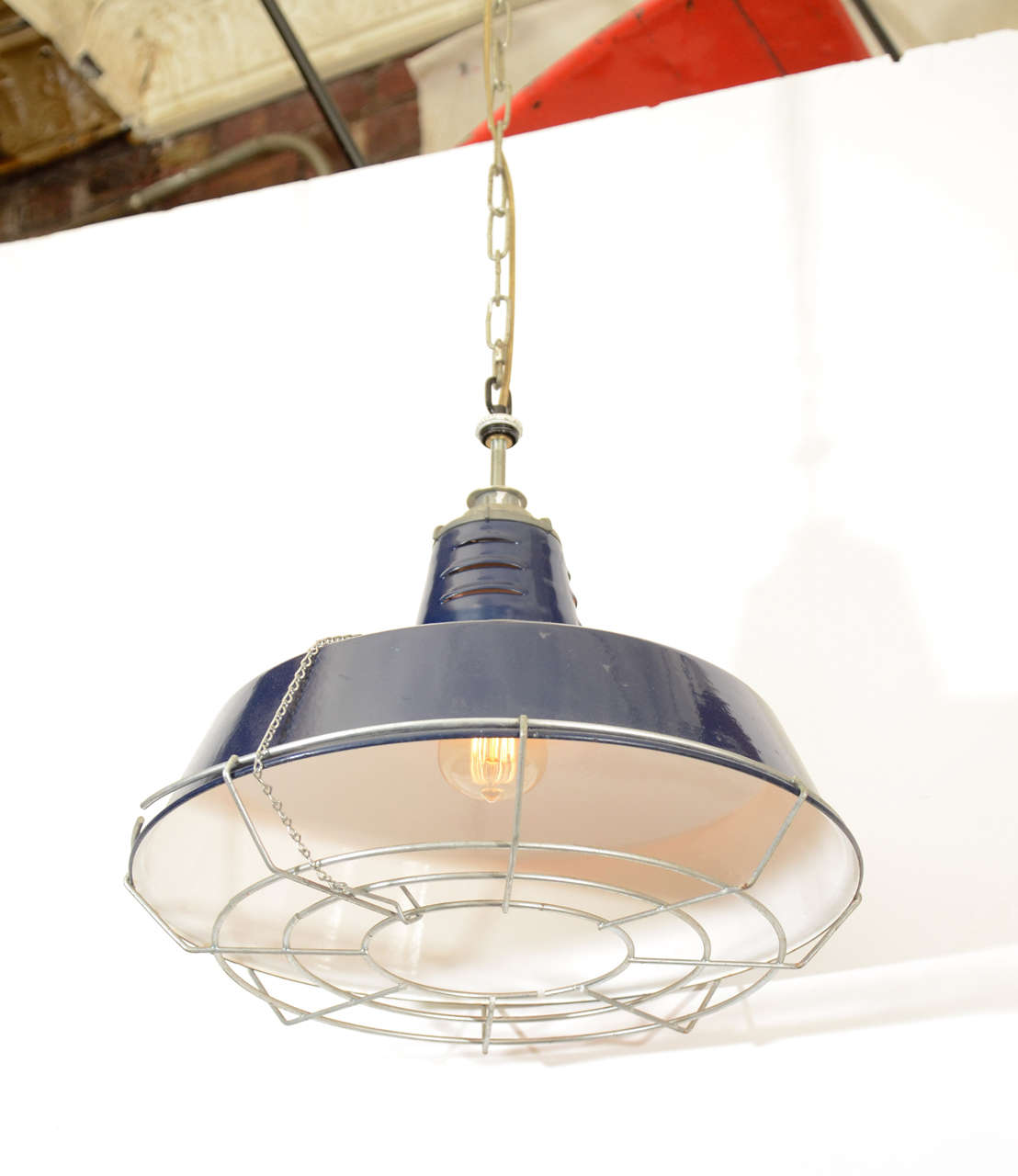 USA  Pendant Lights with Blue Enamel Shades and Protective Cage