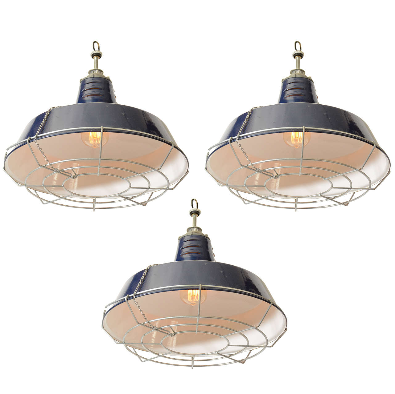 USA Blue Industrial Enamel Shade Cage Pendant Lights For Sale