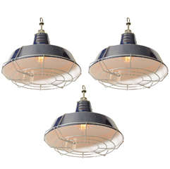 USA Blue Industrial Enamel Shade Cage Pendant Lights