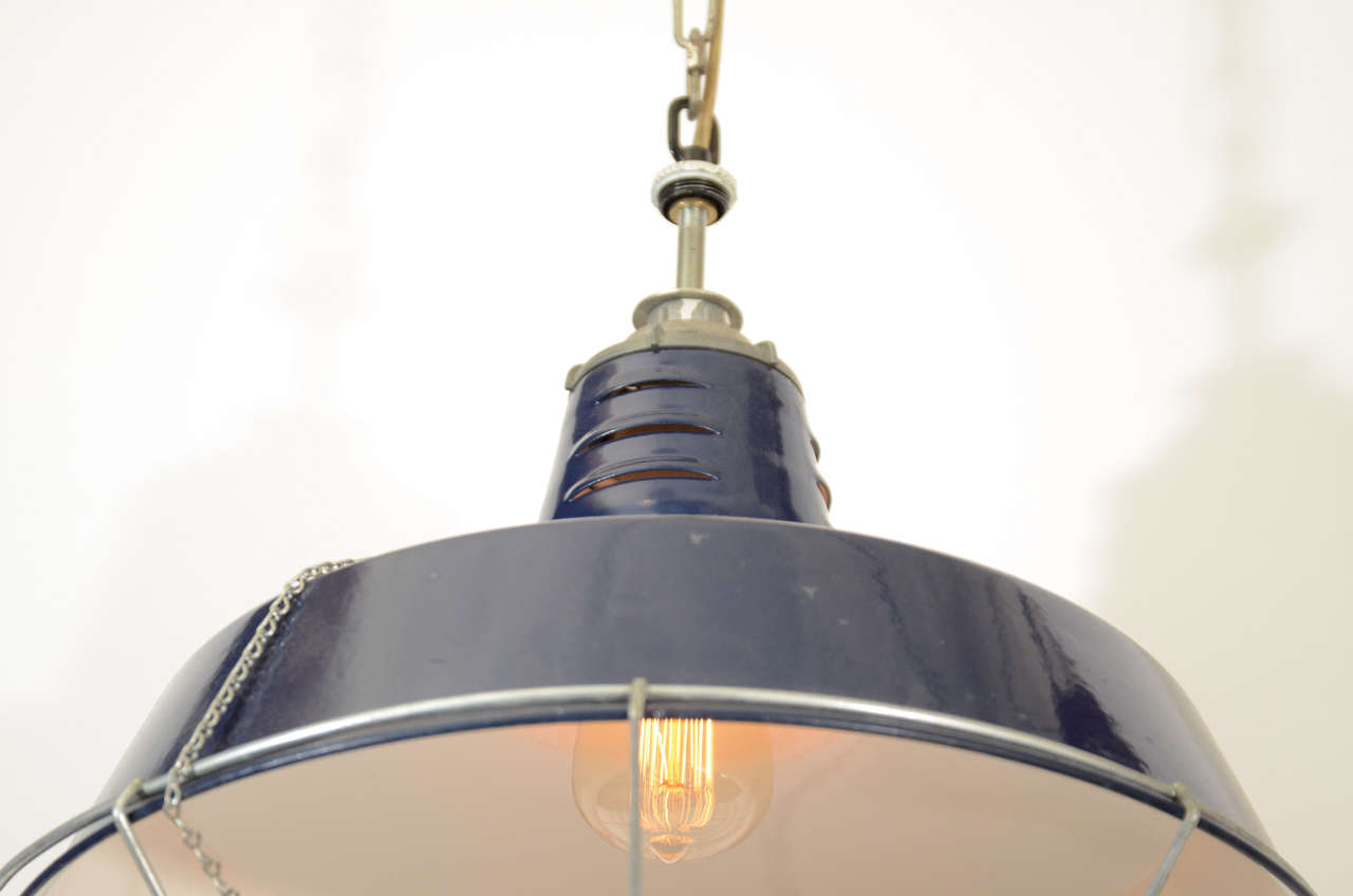 American USA Blue Industrial Enamel Shade Cage Pendant Lights For Sale