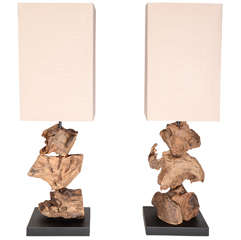 Pair Of Organic Driftwood Table Lamps in Natural Teak Root Wood