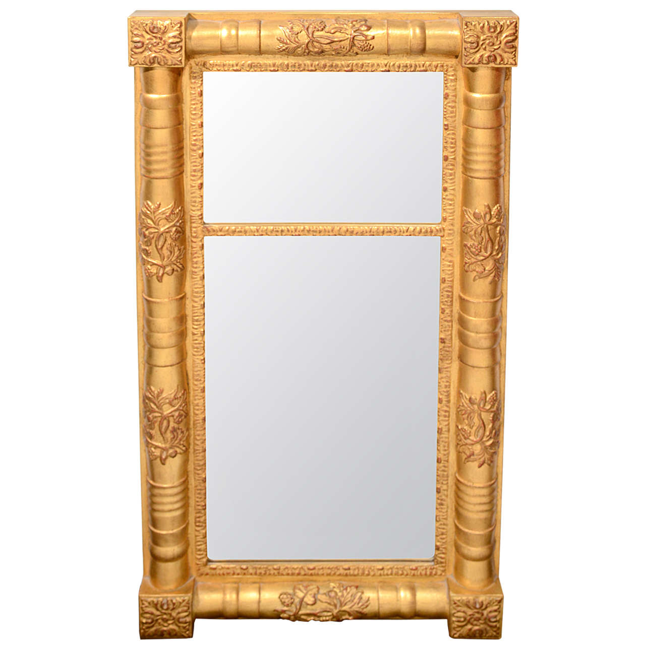 Traditional Wood Mirror with Hand Laid Antique Gold Leaf and Hand-Carved Designs