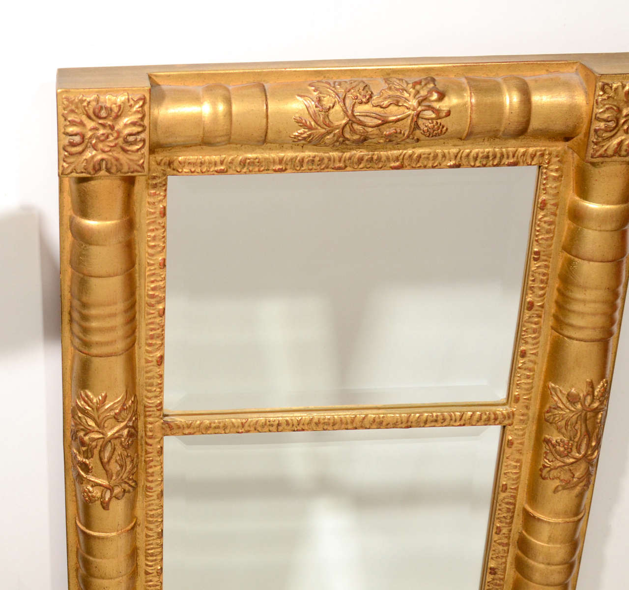 American Traditional Wood Mirror with Hand Laid Antique Gold Leaf and Hand-Carved Designs