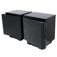 Pair Of Modernist Ebonized Wood Cubed End Tables with Bowed Front Design