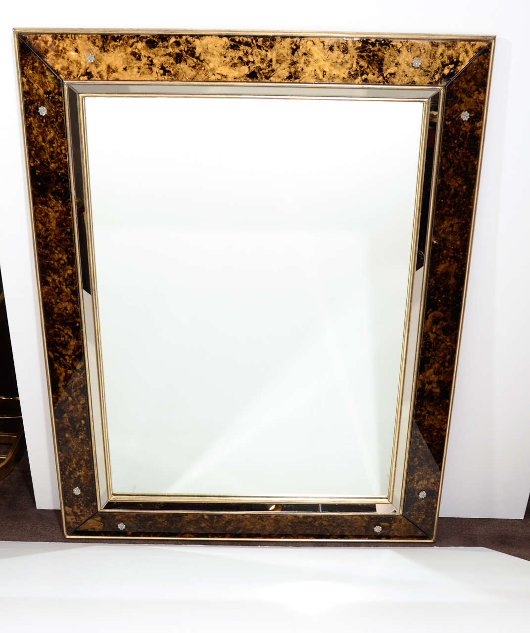 Mid-Century Modern Elegant Mirror with Tortoise Glass Borders and with Shadowbox Design