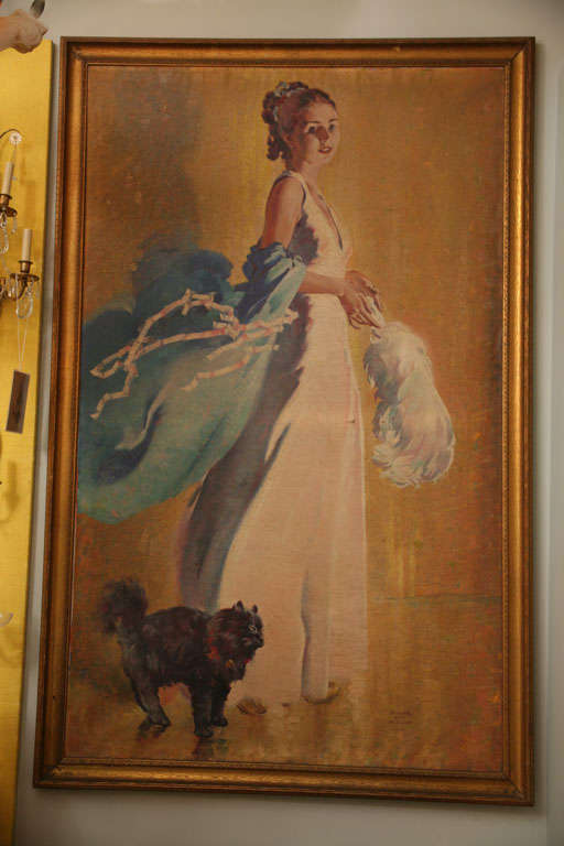 An original oil painting by American artist Joseph Earl Schrack (1890 - 1973) depicting a female figure with cat at her feet. Signed by the artist, 1938.