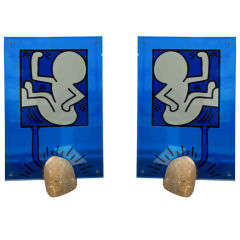 Pair  Of  Keith  Haring  Fused  Glass  Lamps