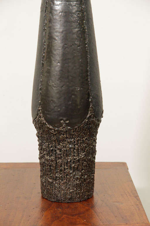 Tall Black-On-Black Ceramic Lamp