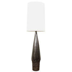 Tall Black-On-Black Ceramic Lamp