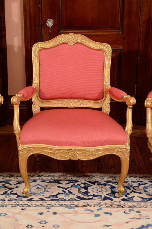 Two with branded GH marks. One stamped G.H.C. 966 and one with G.H.C. 992 , 49 and
painted with effaced numbers.

These elegant rococo chairs are of commodious size and reflect the robust yet refined style of
mid-18th century Scandinavia; the