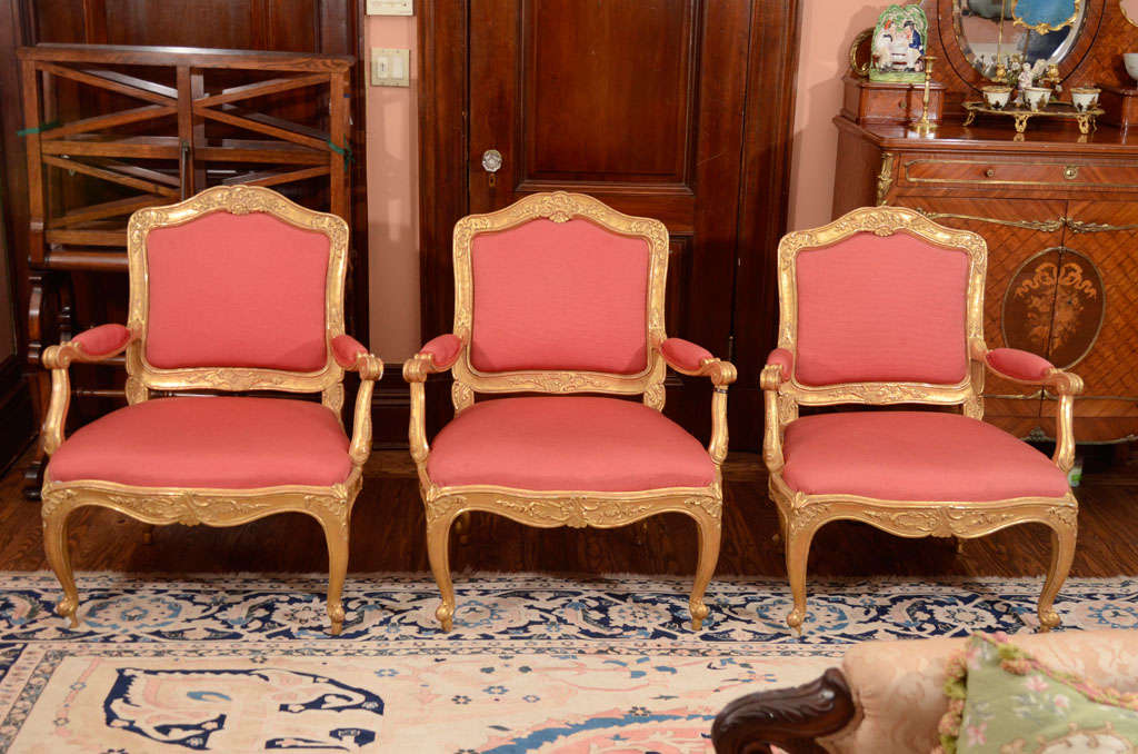 18th Century and Earlier A Set Of Three Swedish Rococo Carved Giltwood Armchairs For Sale