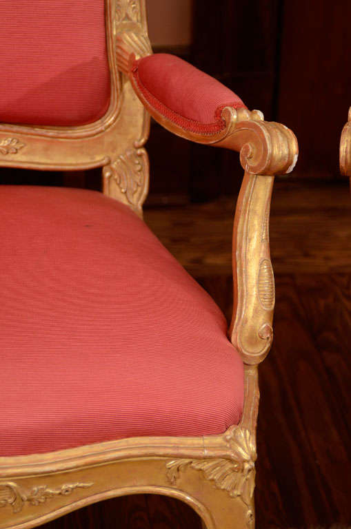 A Set Of Three Swedish Rococo Carved Giltwood Armchairs For Sale 4