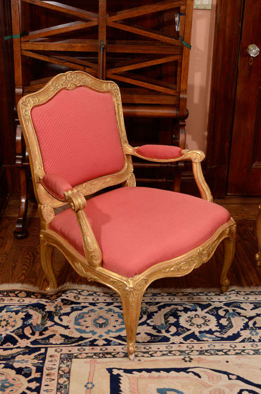 A Set Of Three Swedish Rococo Carved Giltwood Armchairs For Sale 5