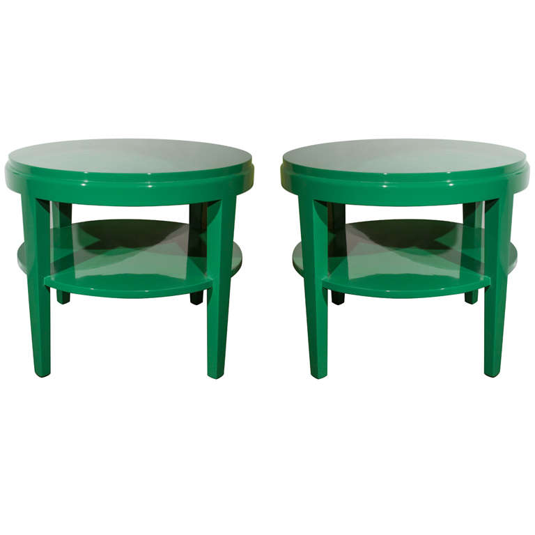 Pair of Classic Round Side Tables in Rich Green Lacquer