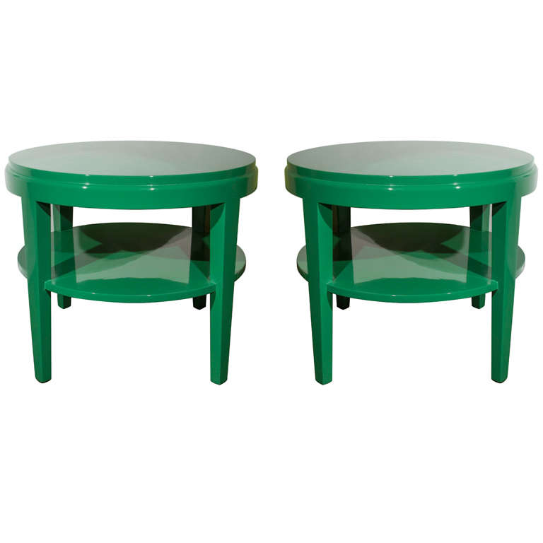 Pair of Classic Round Side Tables in Rich Green Lacquer at 1stDibs