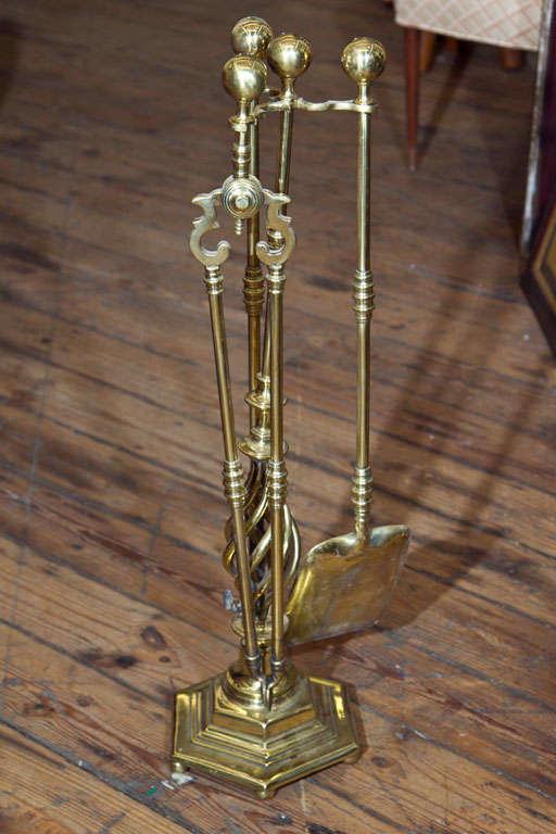 BRASS WITH TWISTED COLUMN AND  THREE TOOLS; LOG HOLDER, POKER SHOVEL- MATCHES ANDIRONS REFERENCE #1204139004861