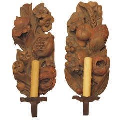 Antique Pair of 18th Century Carved Wooden Sconces