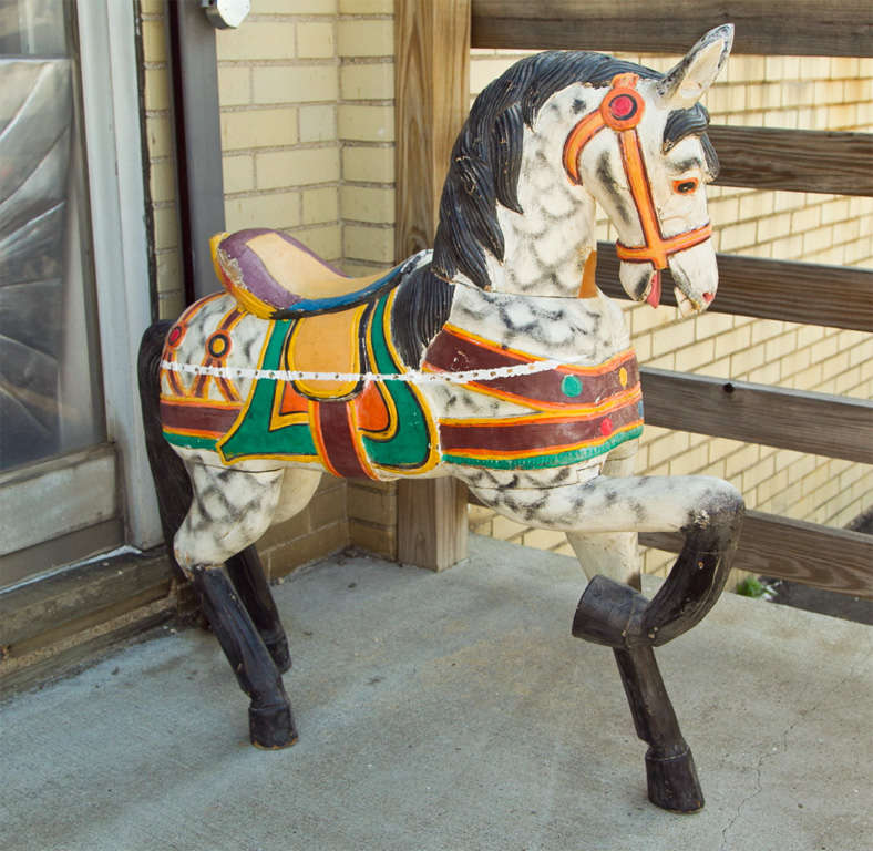 CARVED WOOD  HORSE--CHILD  SIZE- NEEDS  SUPPORT TO STAND ON ITS OWN- ALL HAND  PAINTED