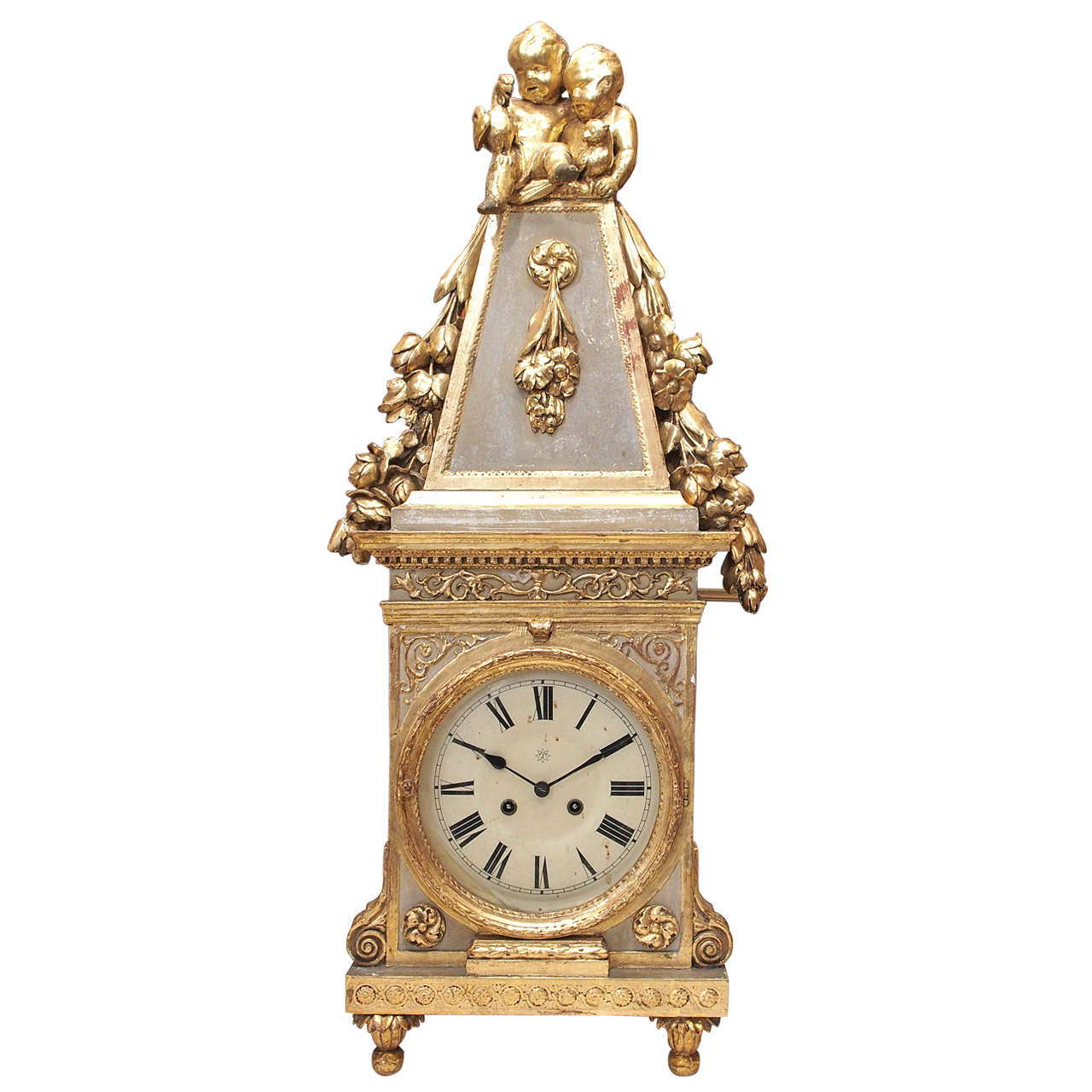 Italian Parcel Gilt and Painted Carved Wood, Obelisk Form Clock For Sale