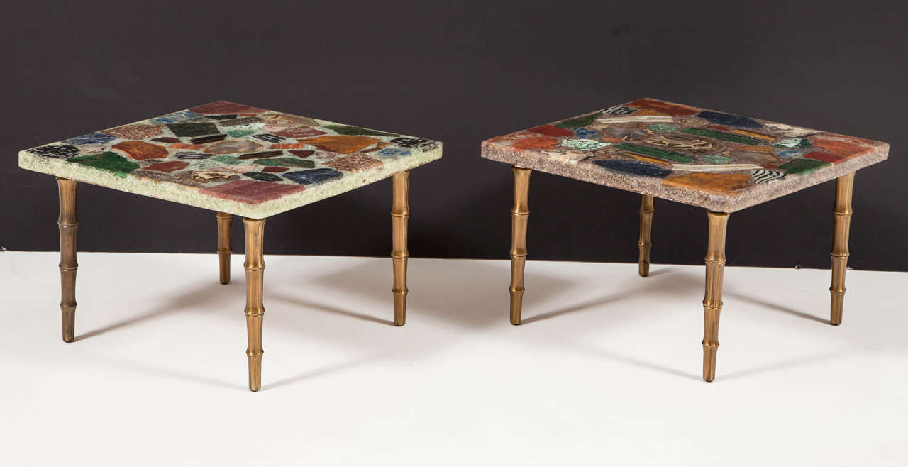 Fantastic pair of side tables comprised of semi-precious stone pieces such as lapis, malachite, jasper, tiger's eye and other stone specimens set in resin with gilt bronze bamboo motif legs.