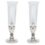 Pair Of Art Deco Nickel Silver Lamps With Hurricane Shades