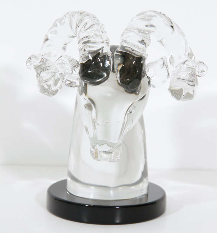 Stunning clear crystal Ram's head sclupture by Seguso [with original tag] on a circular black glass base.  An artistic tour de force of lampworking.