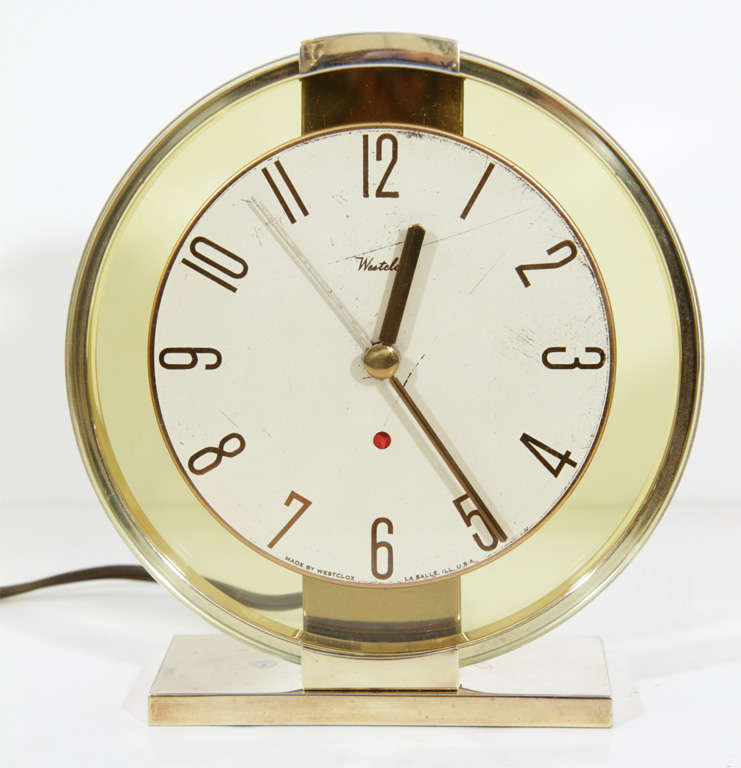 Art Deco Brass Clock With Circular Amber Glass Surround