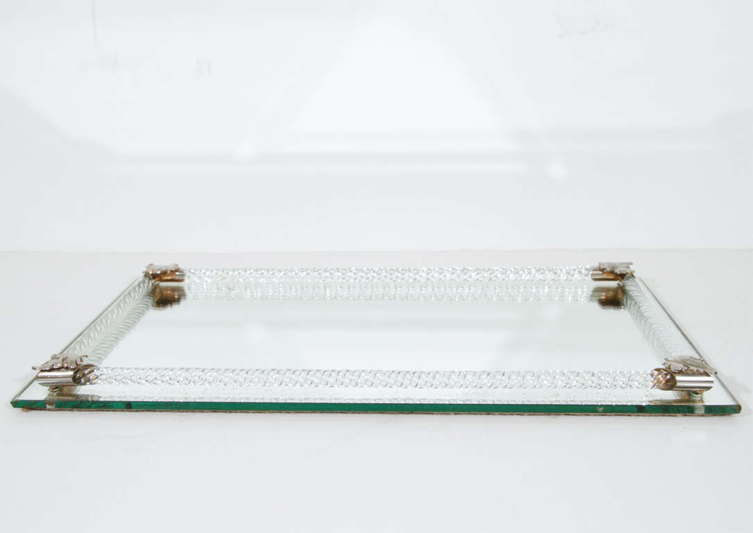 Art Deco Hollywood mirrored tray.  Rectangular bar tray featuring a gallery composed of crystal 