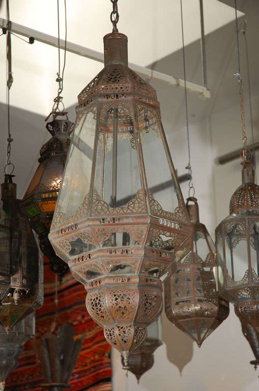 Great vintage Moroccan handcrafted glass lantern with fine filigree work, rewired with a cluster of 4 lights.<br />
<br />
Mosaik provides Antiques,Art Deco, Moorish Style, Spanish, African, Islamic Art, Arabian, Middle Eastern, Egyptian, Syrian
