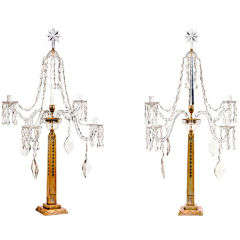 Pair of Irish 18th Century Marble Inlaid and Crystal Candleabras