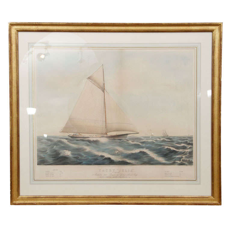 Bemalte Lithographie mit der Darstellung einer Yacht „Julia“, 19. Jahrhundert
