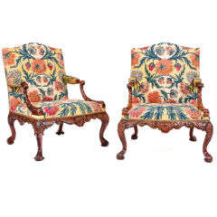 Pair of George II Walnut Gainsborough Armchairs.