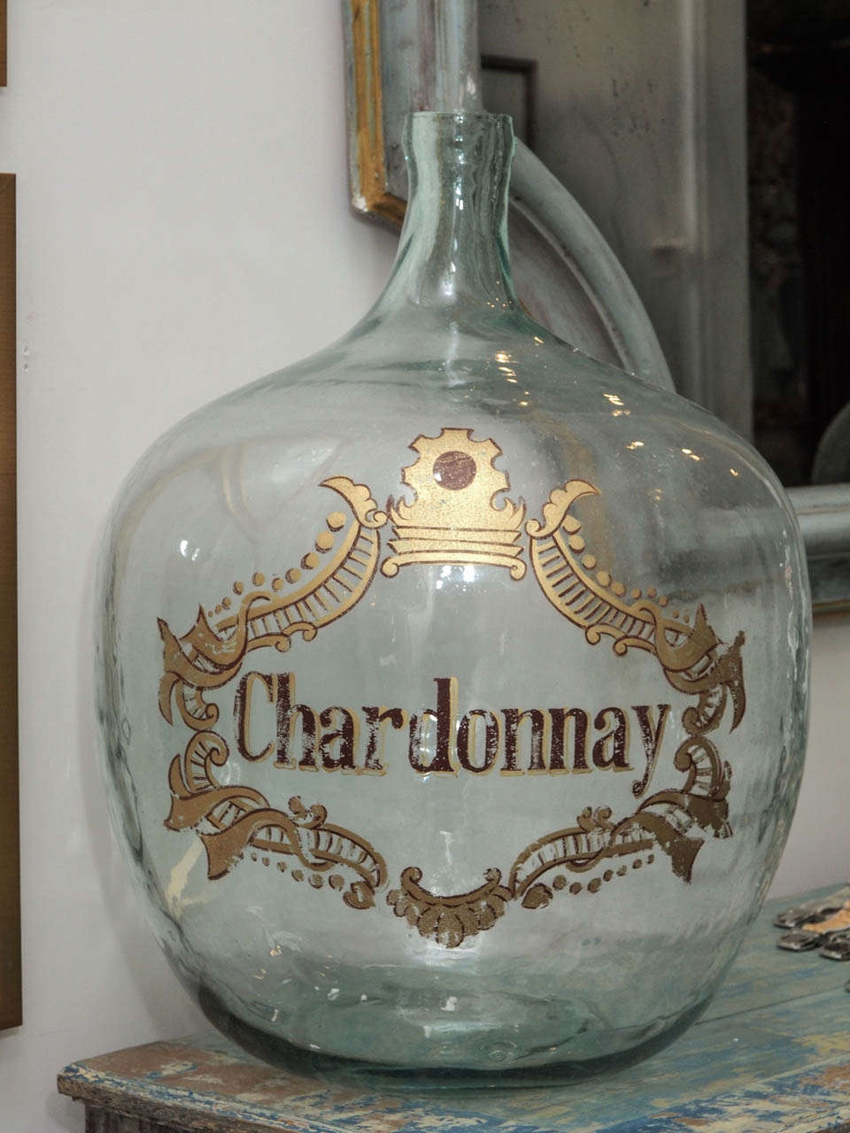 French glass wine jug with decorative stencil.
2 available.