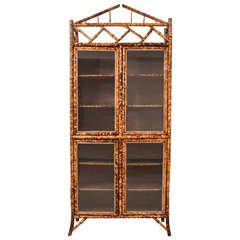 19th Century English Bamboo, Leather and Glass Armoire or Bookcase