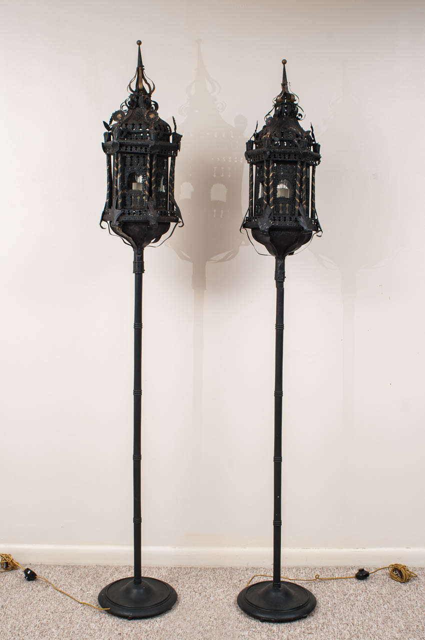 Pair of 19th Century Venetian Parcel-Gilt Metal Lantern Torchieres