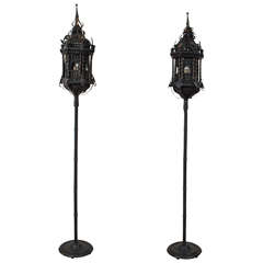 Pair of 19th Century Venetian Parcel-Gilt Metal Lantern Torchieres