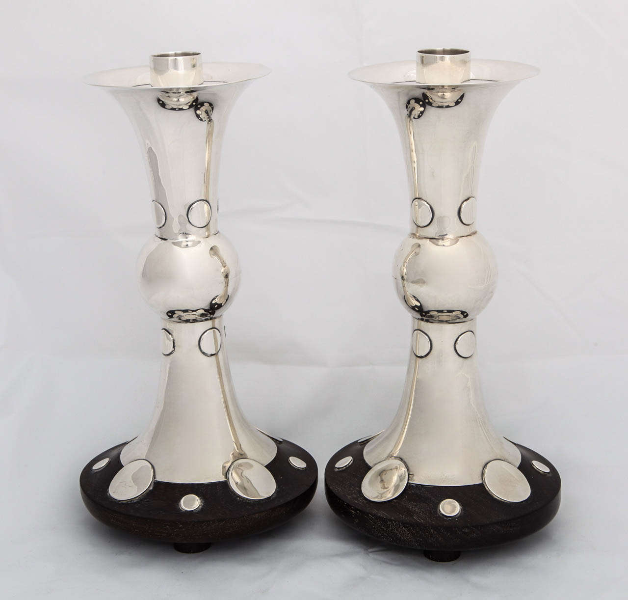 Mexican William Spratling Sterling and Rosewood Candlesticks For Sale