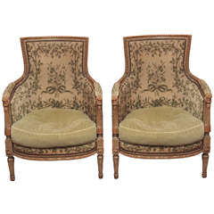 Pair of Louis XVI Style Painted and Gilded Bergeres